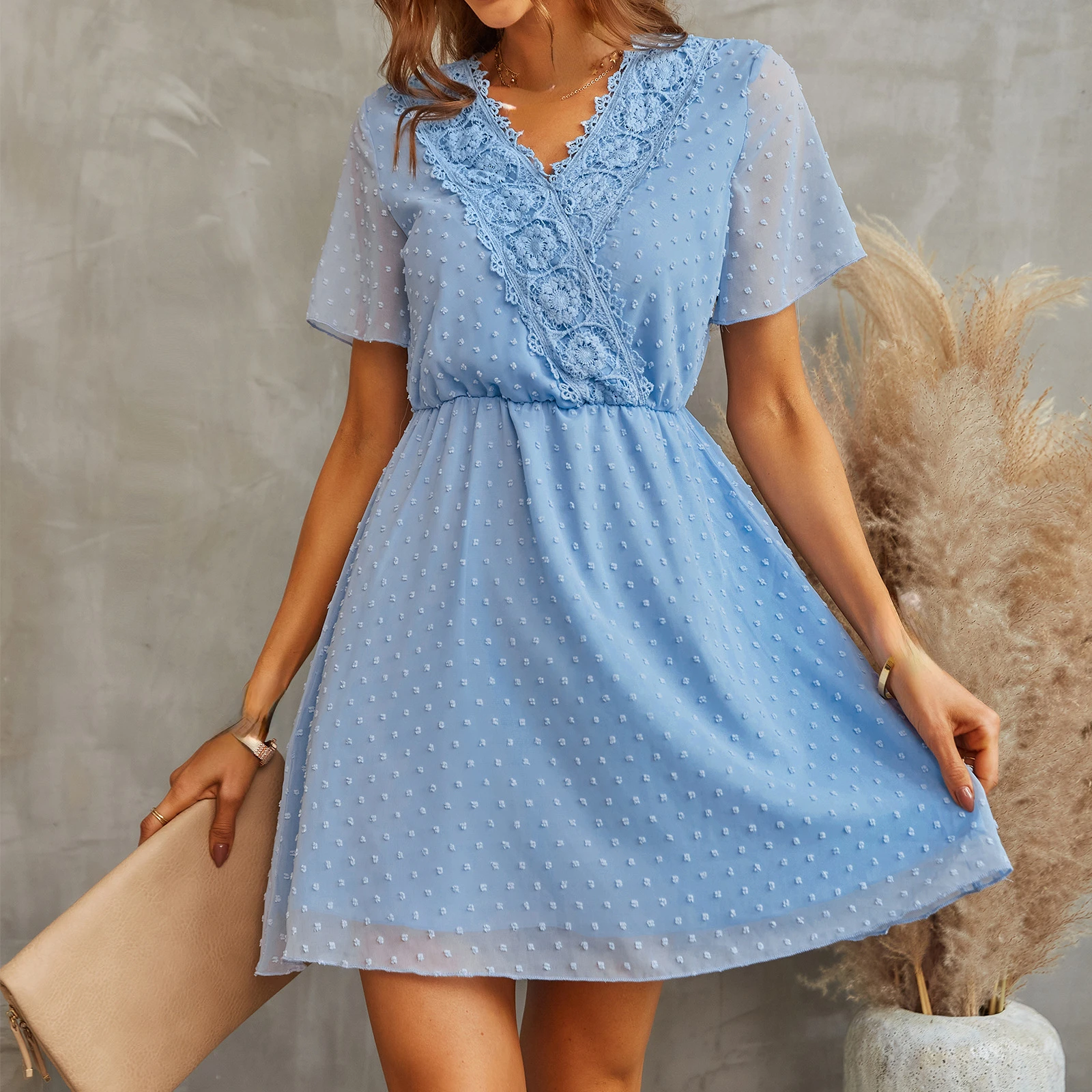 

Women's 2023 Summer New V-neck Lace Polka Dot Dress Casual Office Commuter Dresses Women Lady Fashion Clothing