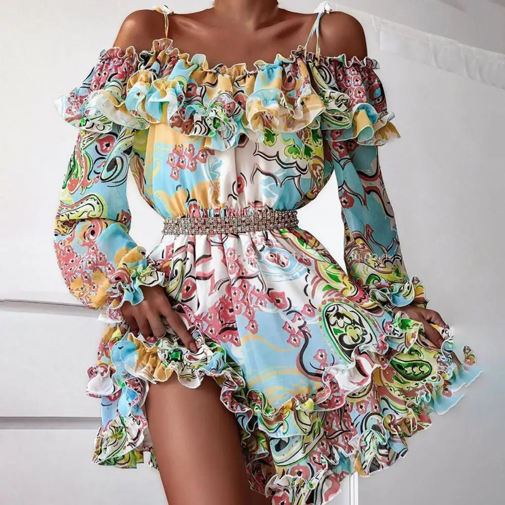 

Women Dress Elastic Waist Long Sleeve Party Dress Ruffles Frill Hem Mini Dress Leopard Print Lady Summer Dress vestido فستان
