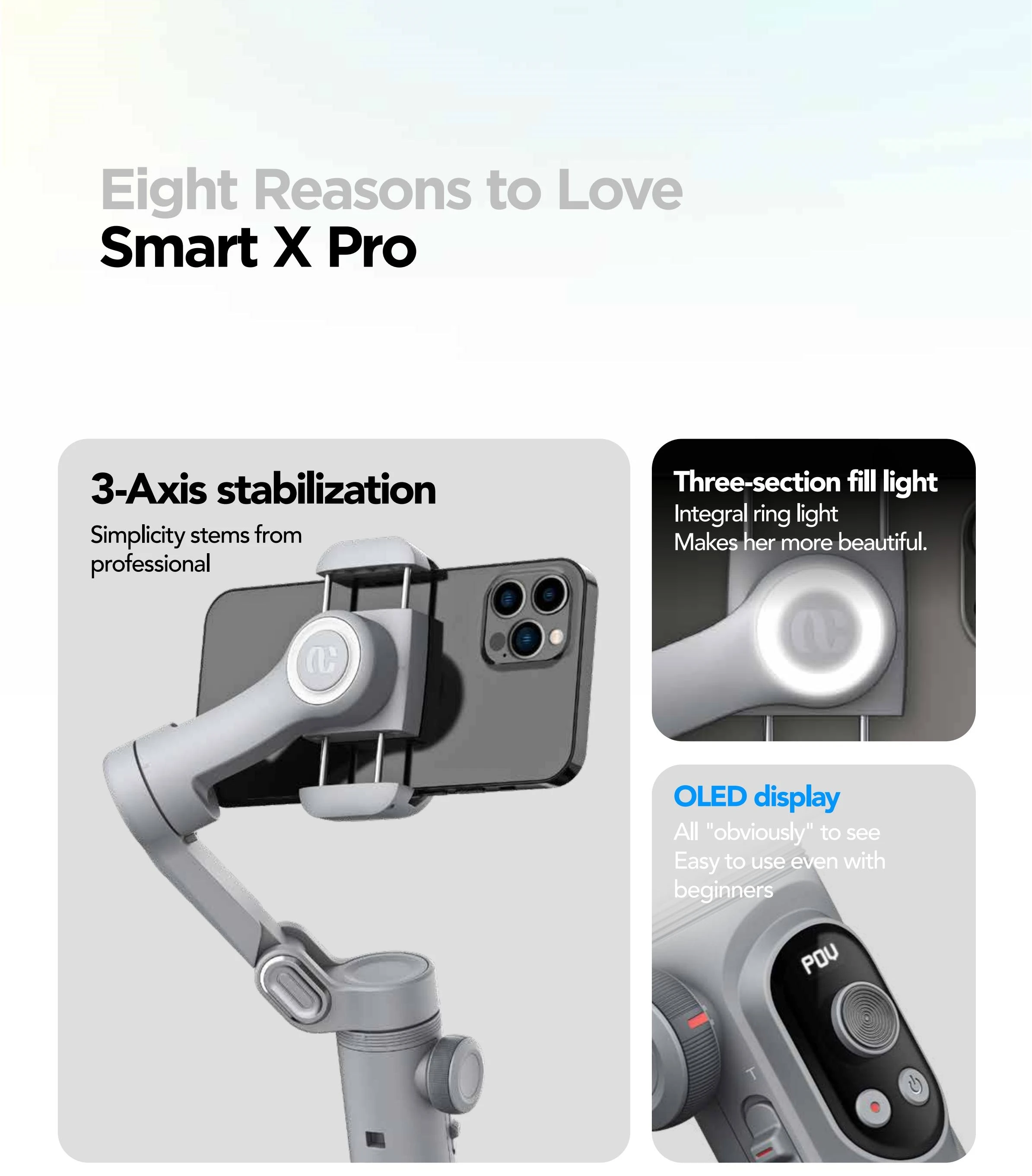Фото AOCHUAN Smart XPro 3-осевой складной ручной стабилизатор подвеса AI отслеживание с заполняющей подсветкой беспроводная зарядка для смартфона №2