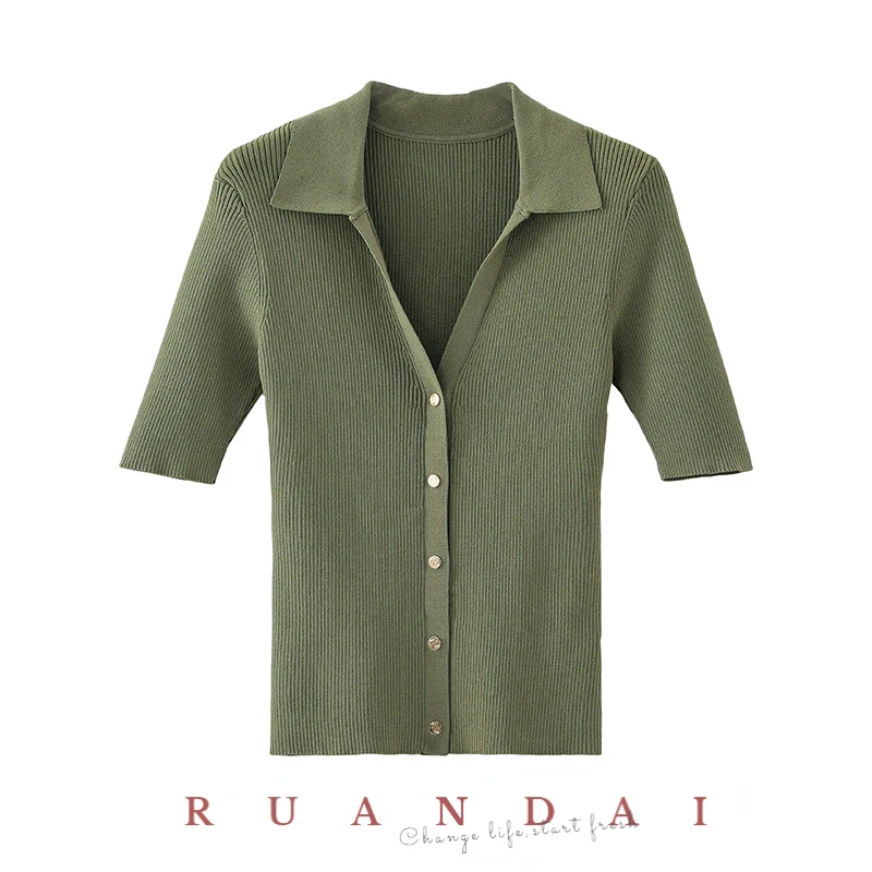 Olive Green Short-sleeved Top for RUANDAI 2022 Summer New French V-neck Slim Polo Shirt Single-breasted Knitted Sweater Women