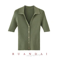 olive green short sleeved top for ruandai 2022 summer new french v neck slim polo shirt single breasted knitted sweater women