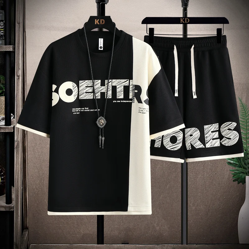 Short-Sleeved T-shirt Men and Teenagers Summer Fashion Brand Waffle Student Clothes Matching Handsome Casual Sports Suit