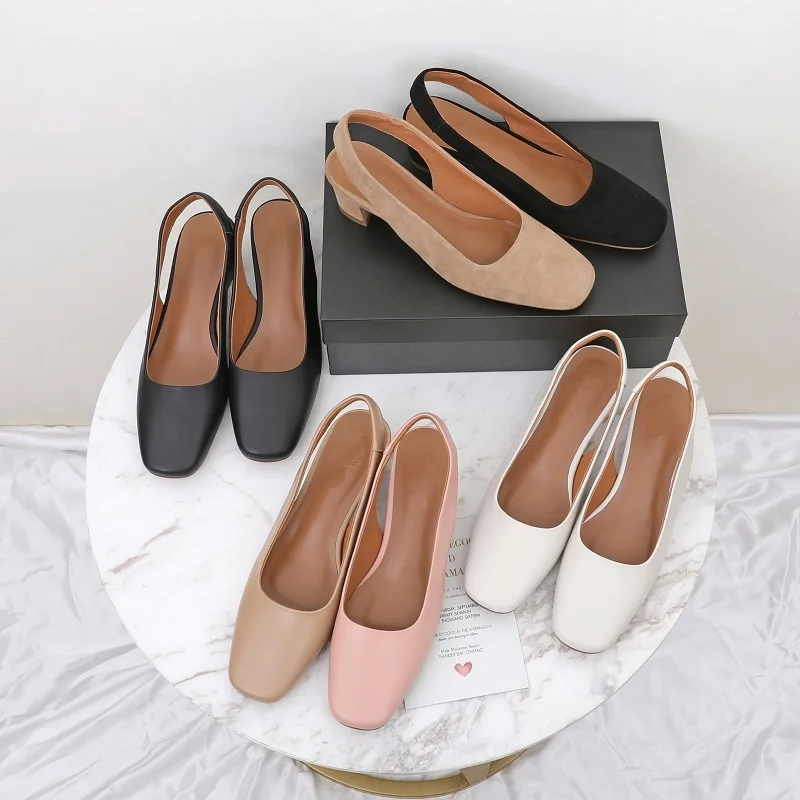 

Toe Summer Square Women 4cm Med Heel Woman Daily Shoes Slingbacks Cow Leather Sandals Girls Pumps For Spring Atumn