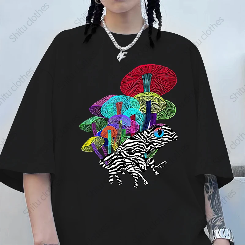 

Harajuku Kawaii Aesthetic Summer Women T-shirts Simple Mushroom Pattern Print Casual Short Sleeve Top Vintage Fashion Streetwear