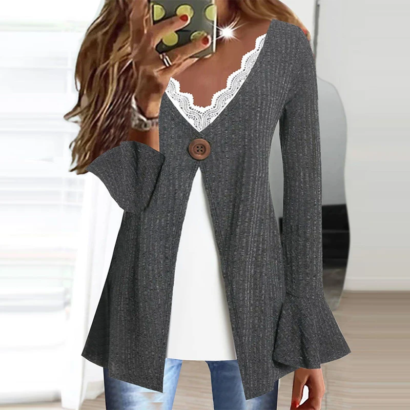 

Винтажный пуловер с V-образным вырезом и пуговицами и расклешенными рукавами, новая осенняя офисная Свободная Женская блузка, женские сексуальные кружевные лоскутные топы из двух частей