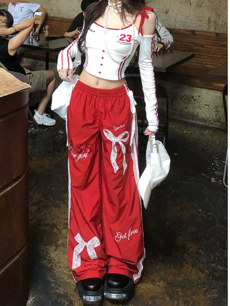 Эстетические Y2k Свободные брюки с эластичной резинкой на талии Женские