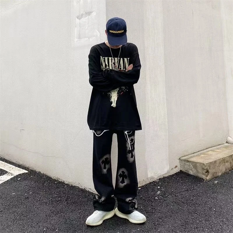 Y2K Men Vintage Streetwear Korean Black Retro Jeans High Waiste Straight Pants Denim Trousers For Women Fairy Grunge Alt Clothes