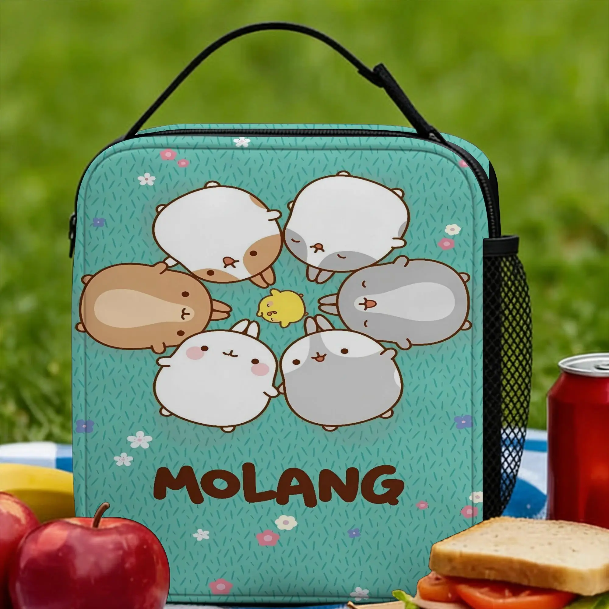 Фото Забавная мультяшная сумка для обеда Molang, портативный ланч-бокс, сумка-холодильник с графическим рисунком для взрослых и школьников, модная сумка-тоут из оксфордской ткани для еды №1