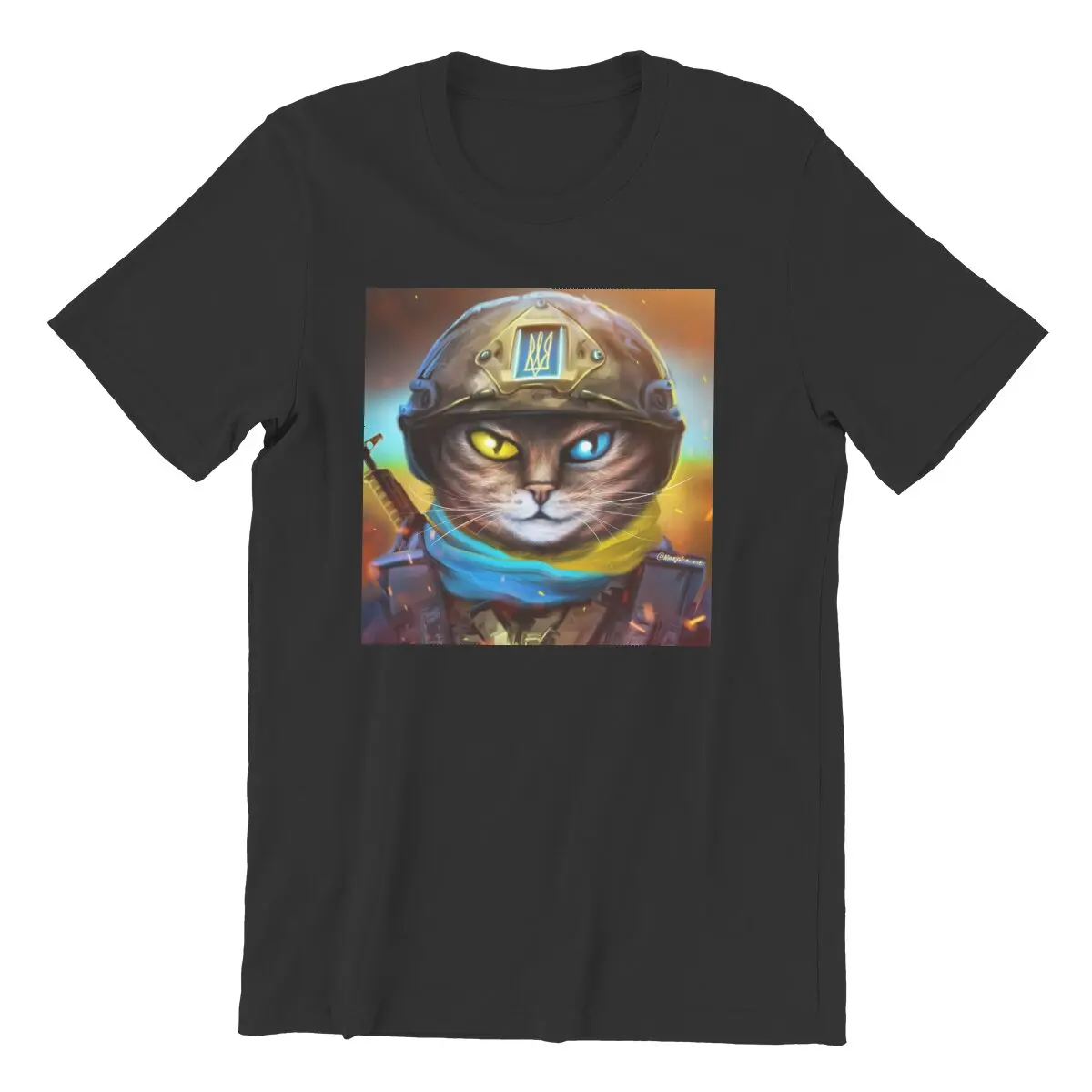 

Men's T-Shirt Cat Ukrainian Soldier Vintage Cotton Tee Shirt Short Sleeve Flag Pet Warrior T Shirts Crewneck Clothes Printing