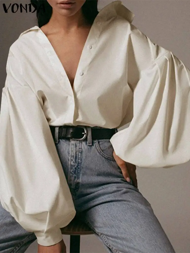 

Women Office Shirt 2023 VONDA Casual Turn-down Collar Blouse Female Sexy Deep V Long Lantern Sleeve Loose Top Feminina Blusas