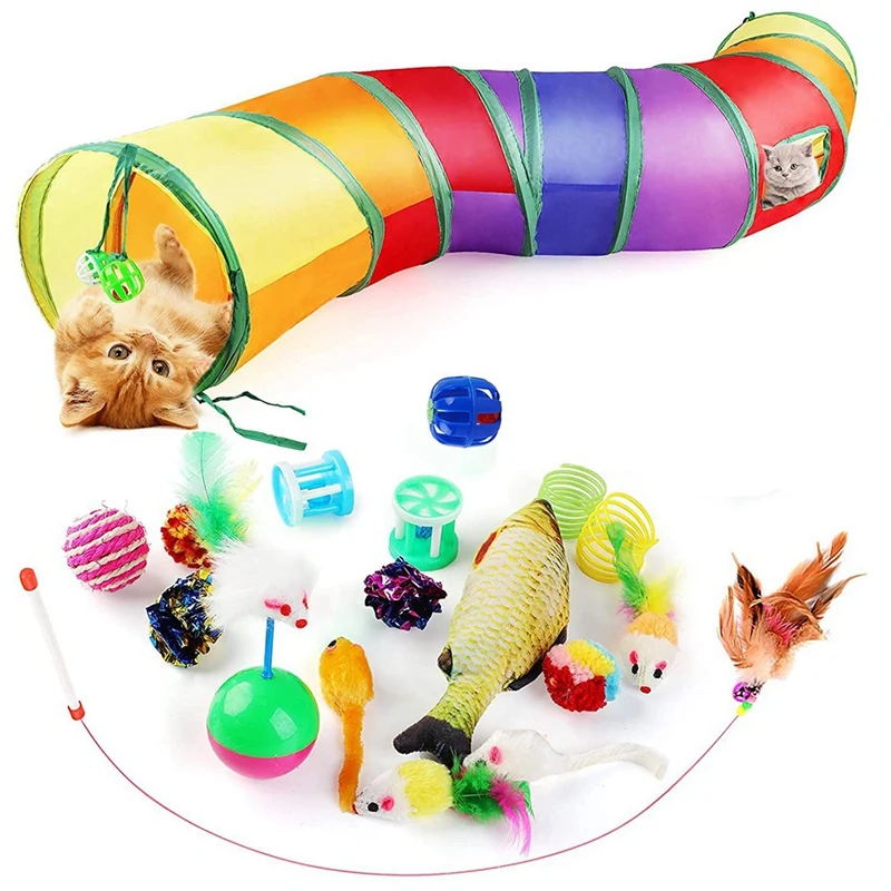 

Cat Toys Kitten Toy Tunnel - 20PCS Indoor Interactive Toy Includes - Rainbow Tunnel Feather Teaser Fluffy Mouse Crinkle