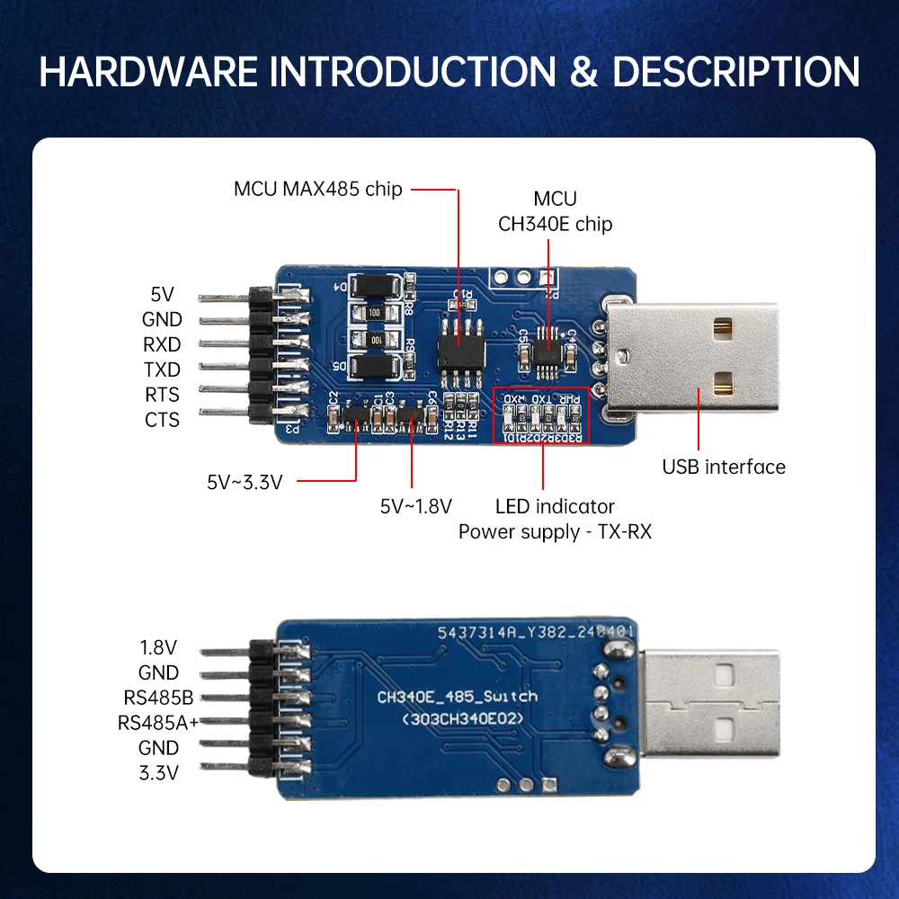 Модуль преобразования двойного напряжения связи USB в TTL RS485 CH340E SP485 Чип-драйвер