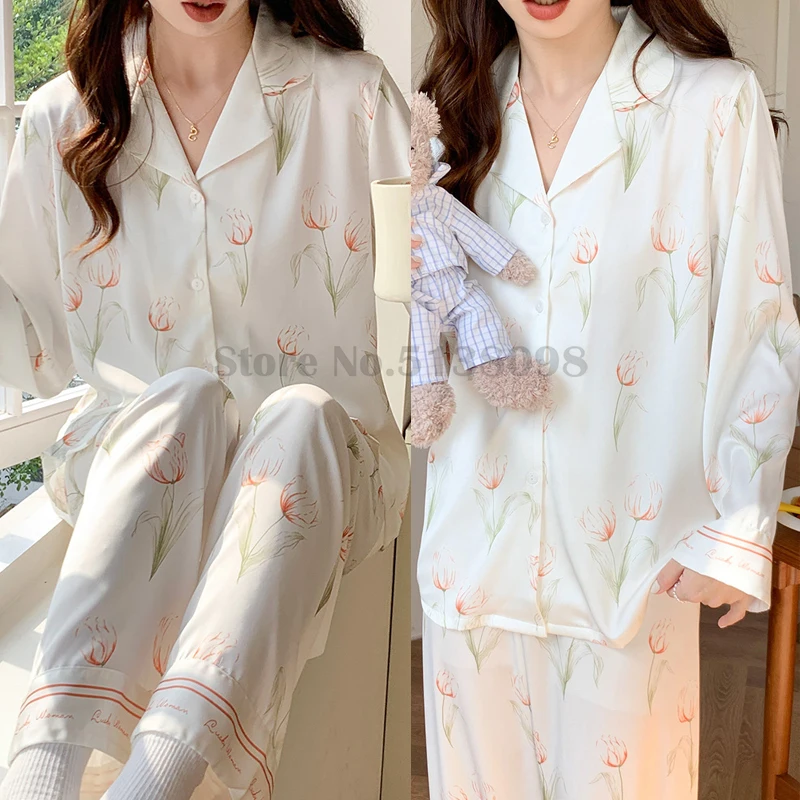 

Женский пижамный комплект, брюки с длинным рукавом и цветочным принтом тюльпана, одежда для отдыха из двух предметов, элегантная одежда для сна для пожилых, свободная повседневная домашняя одежда