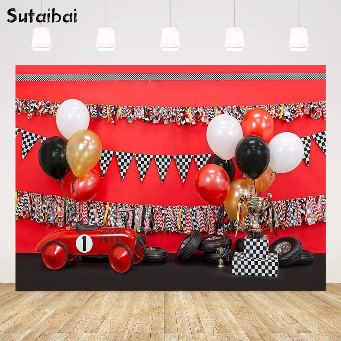 

Race Car Backdrop Black White Grid Trophy Red Car Racing Boy Kid Birthday Party Decorations Photography Background Photo Studio