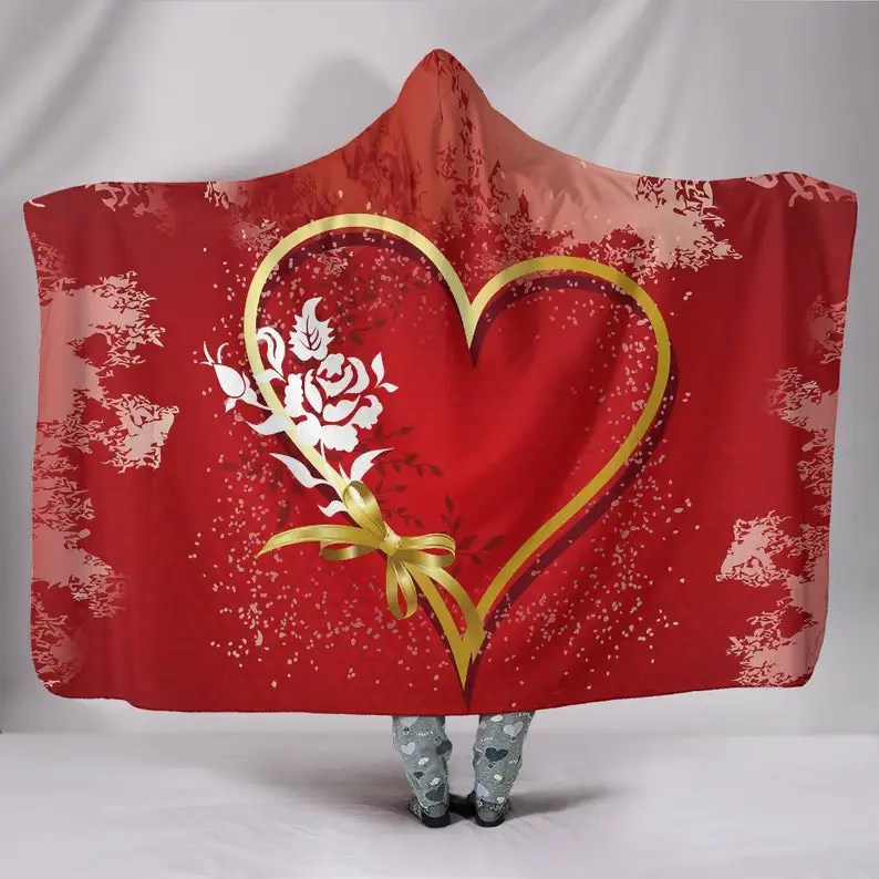 

Red Heart Love Ribbon Bow Hooded Blanket for Adults and Kids, Sherpa Blanket with a Hood, Soft Blanket