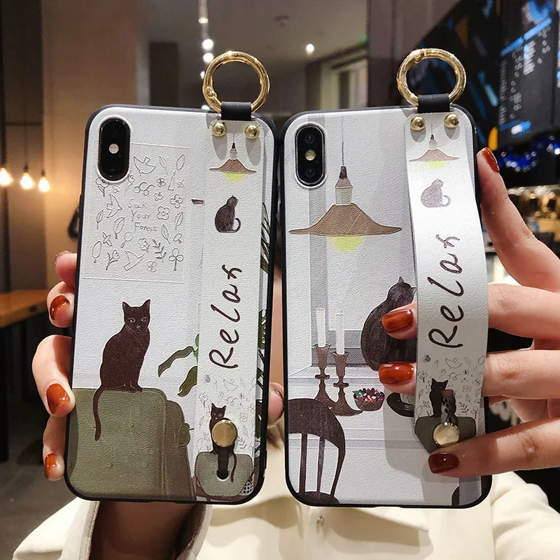 for samsung galaxy s22 ultra s21 fe a42 12 a32 a52 22 72 750 case funny comics cartoon cat rabbit wrist strap phone holder cover free global shipping