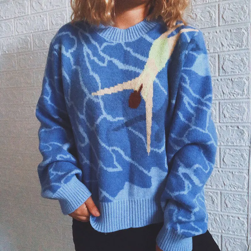 

2022 spring new casual fashion jacket round neck simple trend loose ocean diving printing knitted pullover sweater