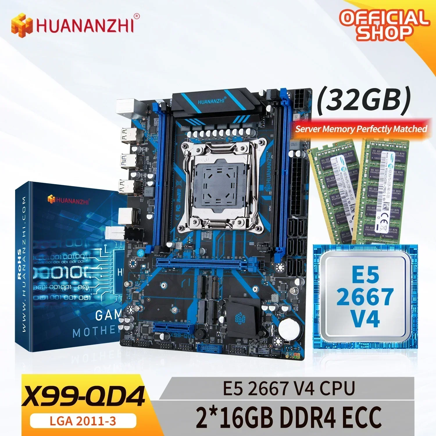 Материнская плата HUANANZHI X99 QD4 LGA 2011-3 XEON с Intel E5 2667 V4 комбинированным комплектом