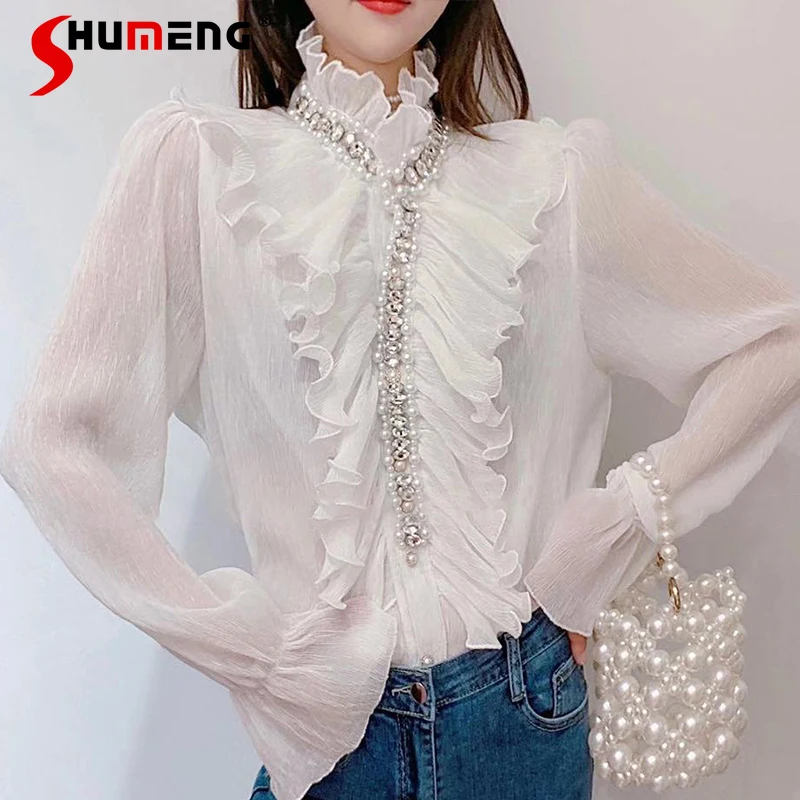 

White Chiffon Shirt for Women 2022 Spring New Korean Style Sweet Long Flare Sleeve Stand Collar Beaded Rhinestone Ruffled Blouse