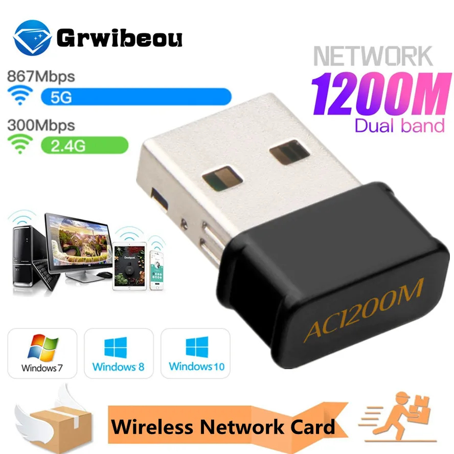 

USB WiFi Adapter 802.11AC Dongle Network Card 5.8GHz+2.4GHz USB 2.0 Receiver Wireless Dual Band 1200Mbps for Laptop Desktop