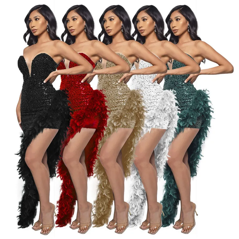 Elegant Women High Split Sexy Evening Party 2022 Summer Tube Top Feather Sequins Shinning Wedding Ball Prom Vestidos