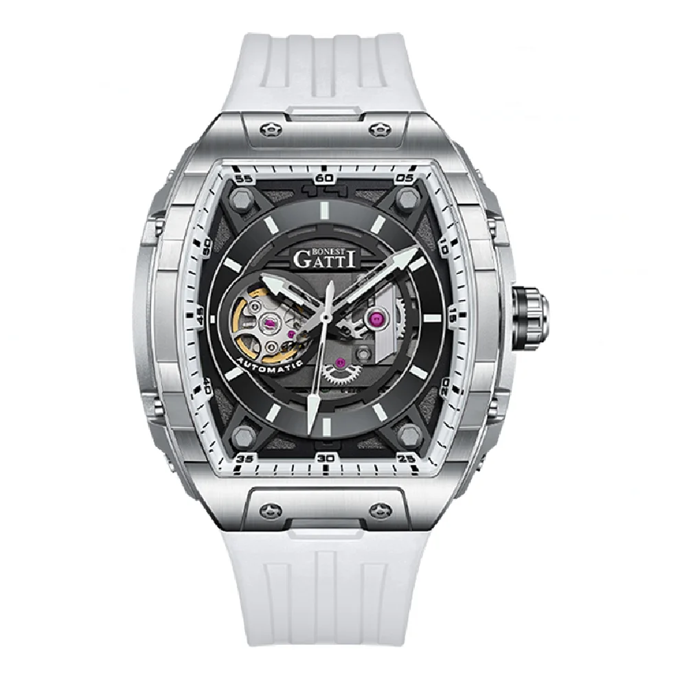 

BONEST GATTI Men Automatic Watch Fashion Mechanical Wristwatch Skeleton Waterproof Sapphire Tonneau Luminous Fluororubber Strap