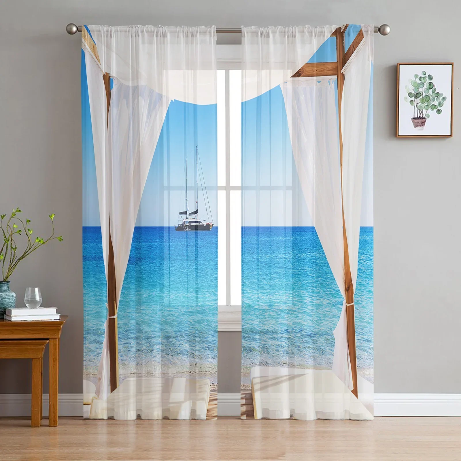 Bali Scenery Ocean Vacation Sheer Curtains Living Room Window Tulle For Bedroom Kitchen Home Decoration Voile Drapes