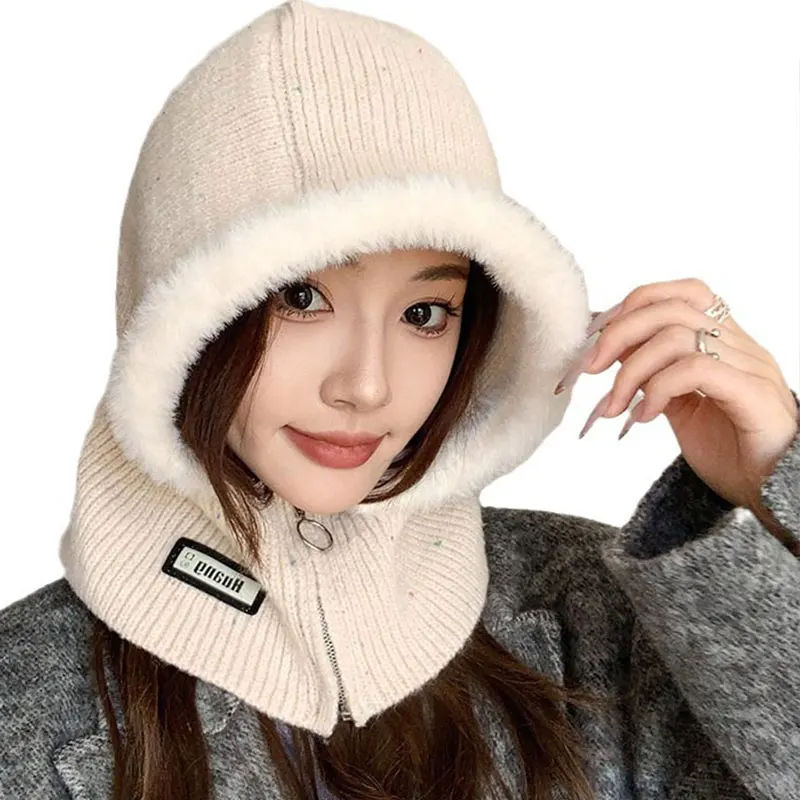 Korean Series Balaclava Women Autumn and Winter Warm Hat Scarf Integrated Earmuff Knitted Woolen Cap Tide