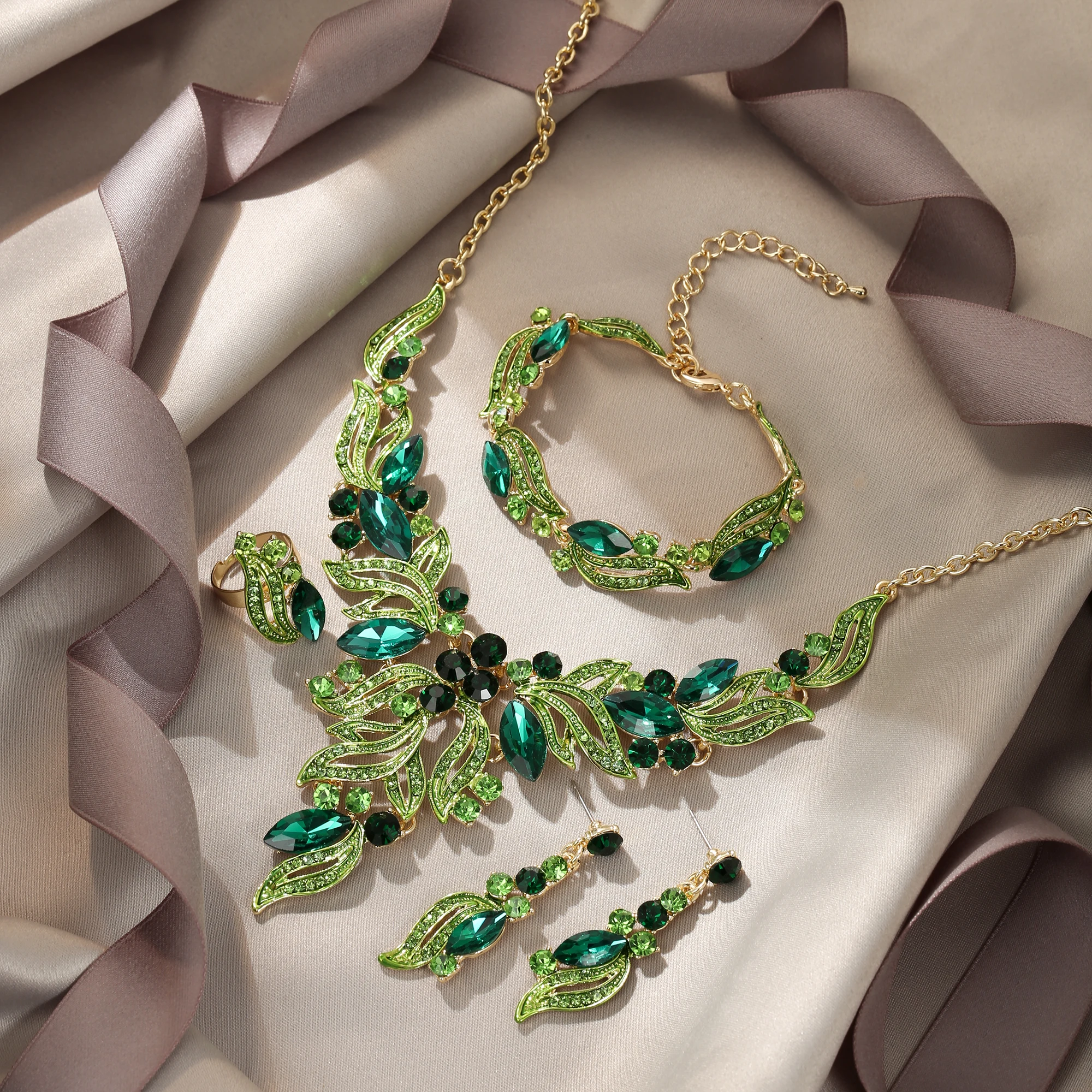 

Leaf Necklace Earrings Women Bracelet Ring Neck Chain Crystal 4pcs Jewelry Set Party Mangalsutra Collier Femme Collar Gift Blue