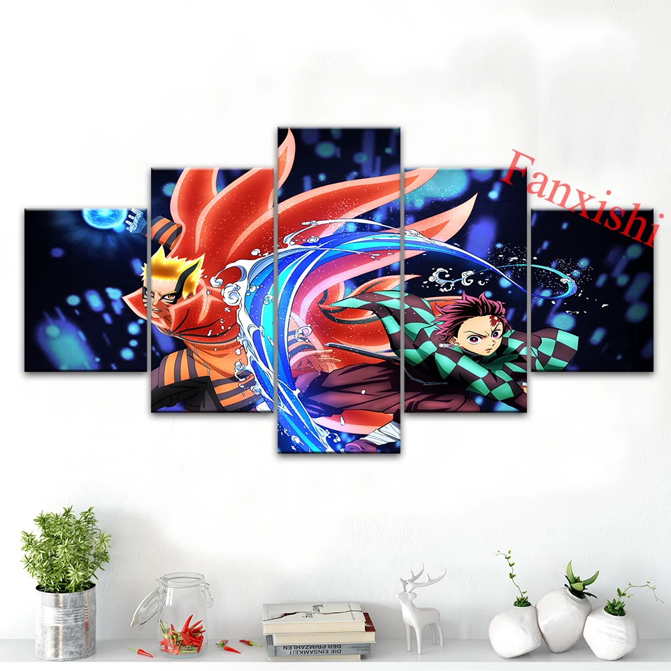 

5 Pieces Naruto，Demon Slayer Anime Poster Wall Art Canvas Painting Cartoon Print Modular Pictures Bedroom Home Living Room Decor