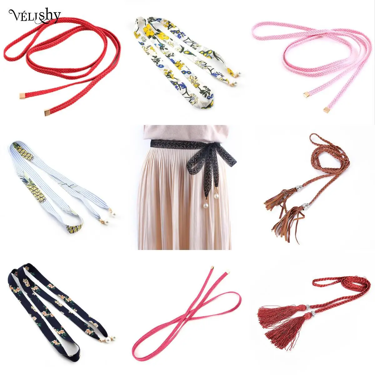 

Colorful Fashion Women Braided Tassel Belt Boho Girls Thin Waist Rope Knit Belts For Dress Waistbands Accessories