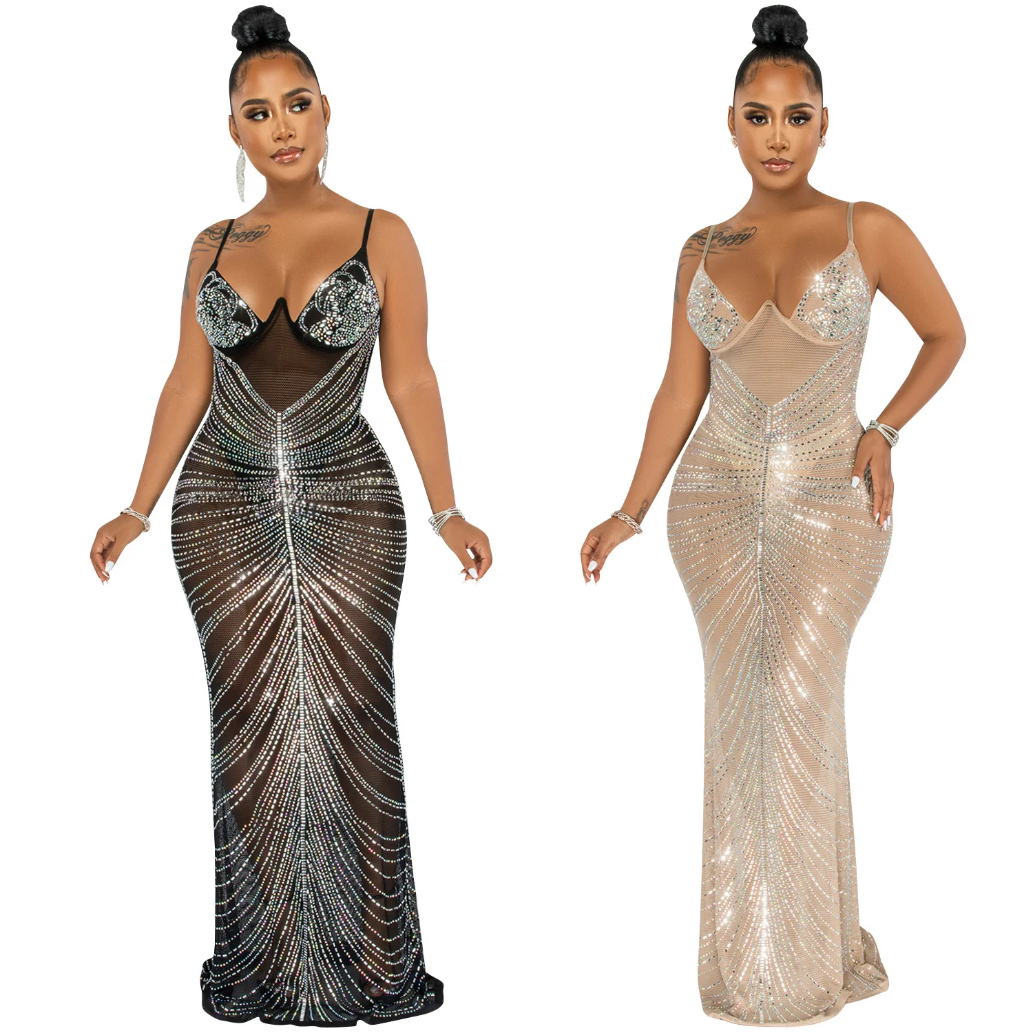 

X5618 Women's Dress Summer Fashion Sexy Party Evening Dress Sling Hot Diamond Wrap Breast Mesh Perspective Long Skirt Dress