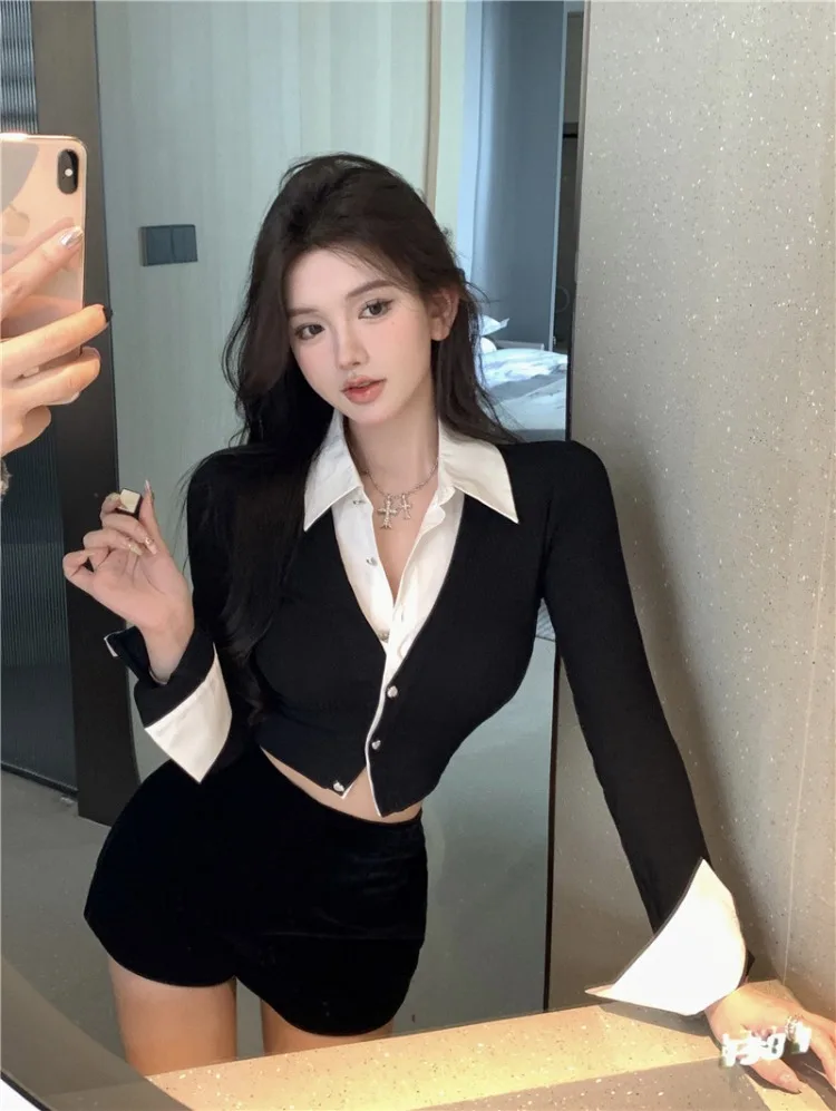 

Aesthetics Sexy Fake Two Piece Blusas Mujer 2023 Autumn Slim Fit Crop Top Blouses Y2k Long Sleeve Black Shirts Women
