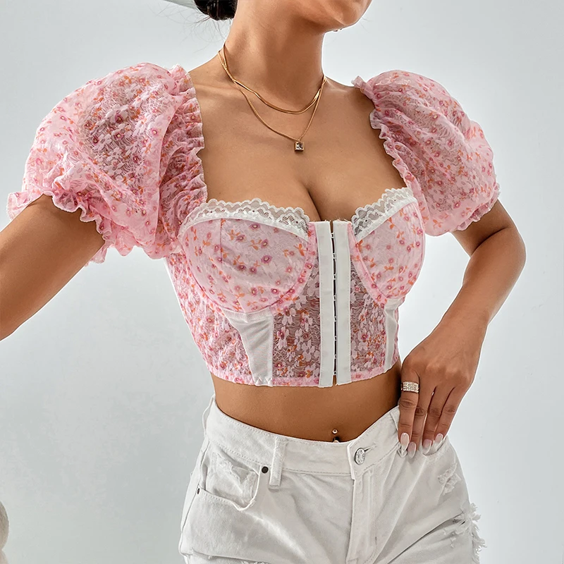 

Женский винтажный укороченный топ с цветочным принтом Y2K, летняя кружевная Волшебная футболка с оборками и рукавами-фонариками, облегающий корсет, топ, Корейская Повседневная Уличная одежда