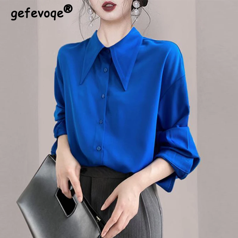 

Spring Summer Office Lady Elegant Fashion Solid Simple Shirt Tops Women Temperament Long Sleeve Single Breasted All-match Blouse