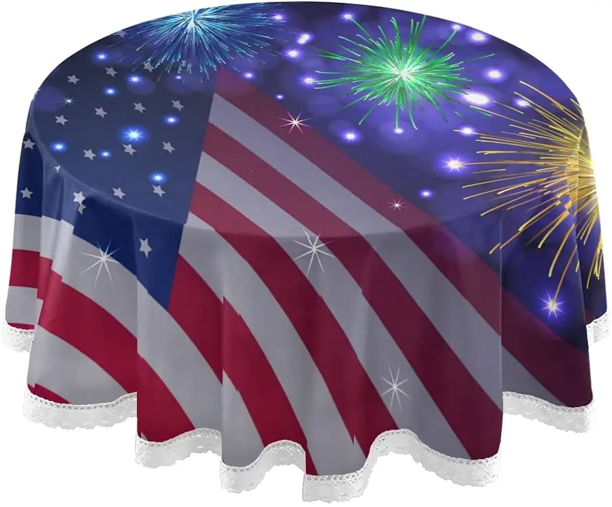 

4Th July Round Tablecloths Firework American Flag Circular Table Cover Washable Polyester for Memorial Day Buffet Table Parties