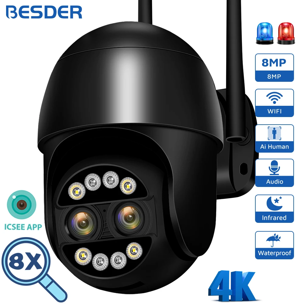 

4K 8MP PTZ WiFi IP Camera Dual Lens Auto Tracking Night Vision 8X Digital Zoom Security Camera CCTV Video Surveillance Cameras