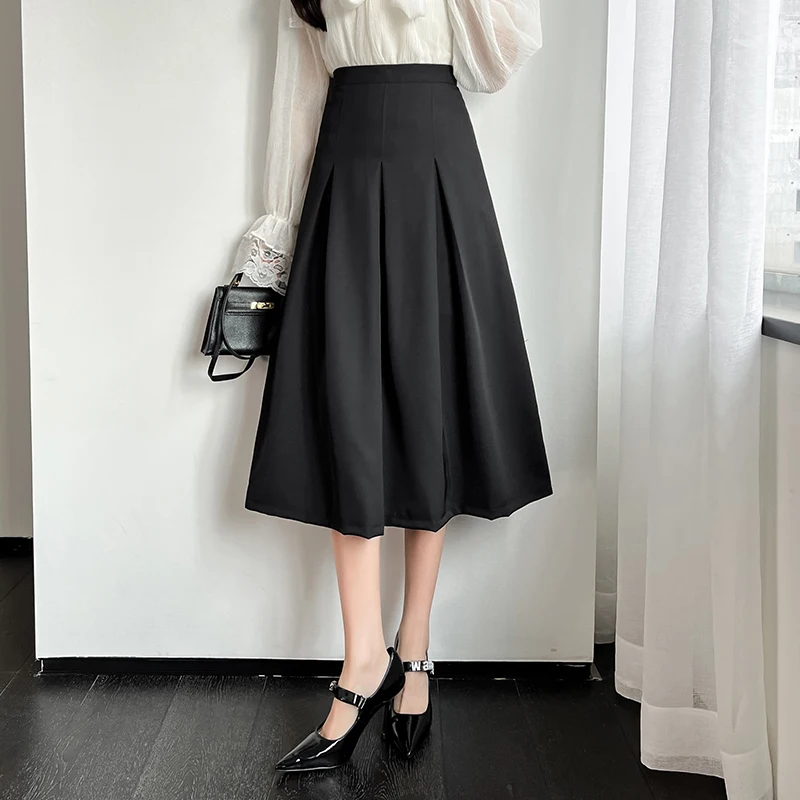 

Новая модная плиссированная юбка А-силуэта с высокой талией, Женская весенне-летняя длинная юбка, черные элегантные женские повседневные юбки в Корейском стиле
