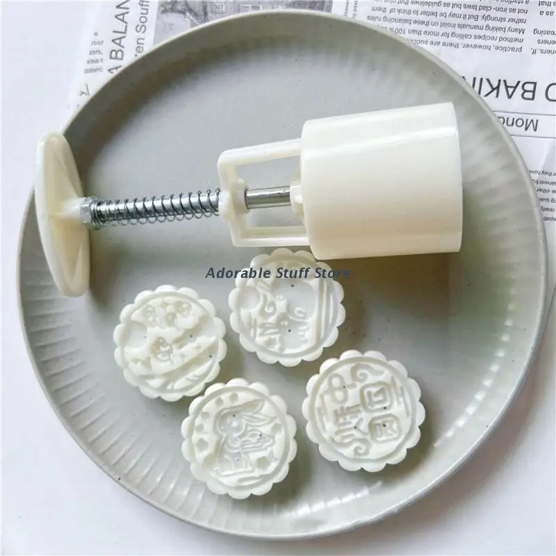 Moon Cake Mould 4PCS Pattern Hand-Pressure Mooncake Molds Cookie Stamps For  Mid-autumn Festival Bunny Happry Midautumn