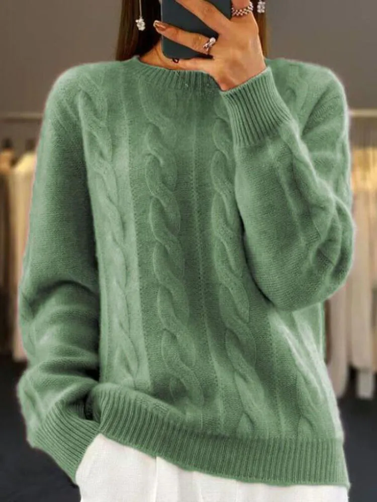 Однотонная трикотажная одежда с круглым вырезом винтажный пуловер из плотной