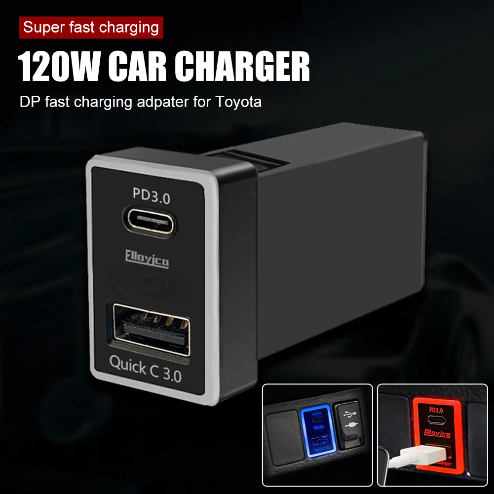 120W QC 3.0 Car Charger ซ็อกเก็ต Dual Usb + พอร์ต Type-C Quick Charg E Adapter สำหรับ Toyota corolla RAV4 Camry Prado Yaris Sienna Fux