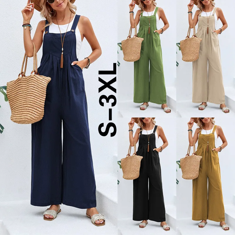 

Vintage Cotton Linen Jumpsuit Women 2023 Casual Solid Button Wide Leg Suspender Pants with Pockets Summer Loose Overalls Rompers