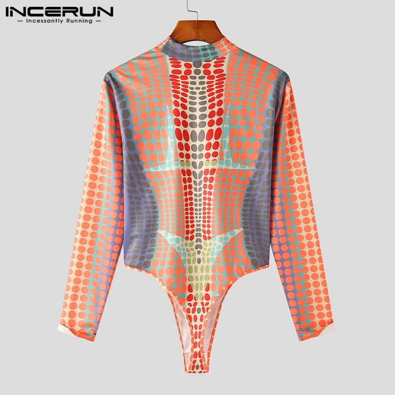 2023 Men Bodysuits 3D Printing Turtleneck Long Sleeve Male Rompers T Shirts Streetwear Fitness Fashion Bodysuit S-5XL INCERUN