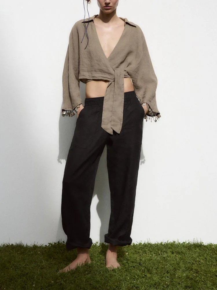 

New Women Summer Fashion Casual Loose Shirt Solid Color Retro Simple Bow Knot Beaded Trim Linen Long Sleeve V Neck Bolero