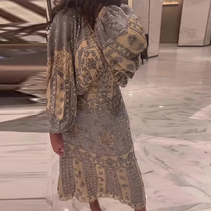 

Женское офисное платье с V-образным вырезом, длинное ажурное платье с цифровым принтом и V-образным вырезом