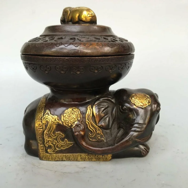 

5.7" Collect China Bronze Gilding Animal Elephant Incense Burner Censer