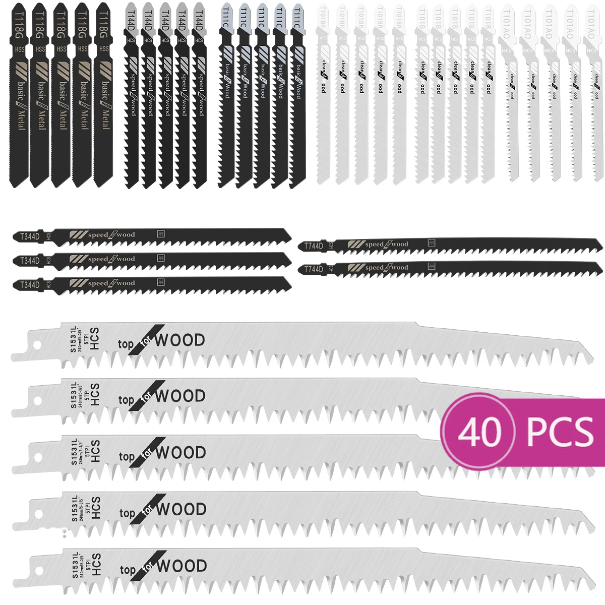 

40Pcs Jig Saw Blade Set HCS Assorted Saw Blades With T-shank Sharp Fast Cut Down Jigsaw Blade For Wood Metal Plastic Cutting