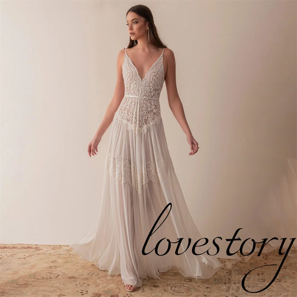 Фото Vestidos гражданское кружевное богемное пляжное свадебное платье на бретелях-спагетти для женщин 2024 халат Женское сексуальное свадебное платье №2