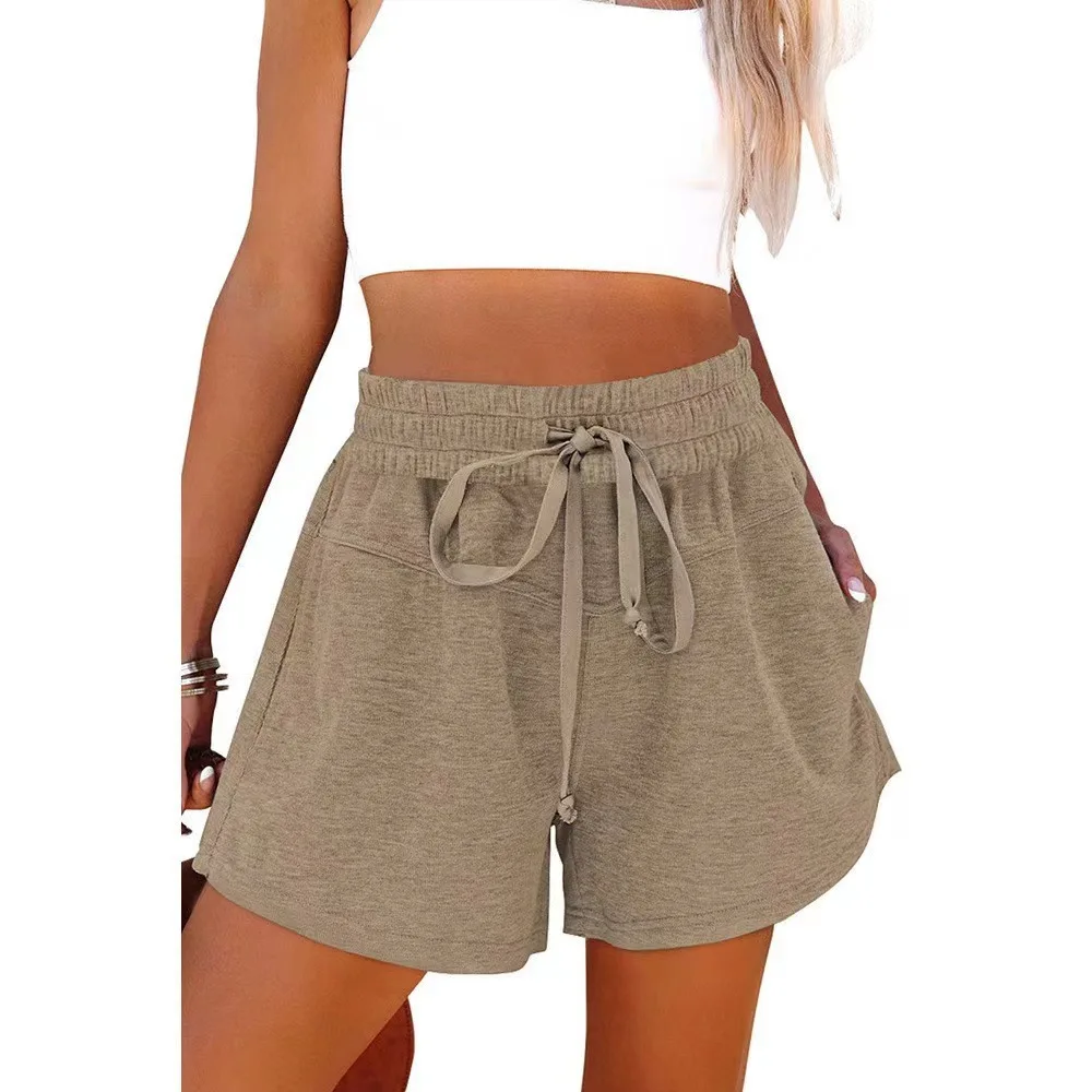 

Leisure Women's Sports Shorts 2023 Summer New Lace Up Elastic Waist Casual Pocket Solid Color Sports Shorts Women's OTTD