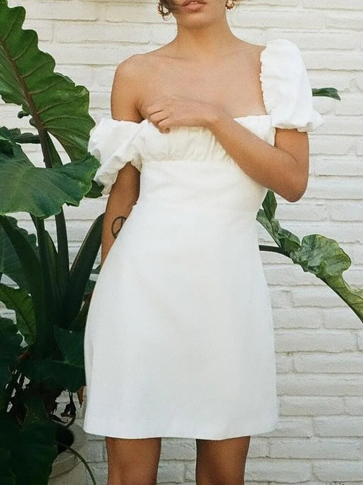 

Летнее белое платье с лямкой на шее, женская короткая юбка с буффами на рукавах и завязкой на спине, 2023, пикантная модная однотонная Хлопковая женская одежда